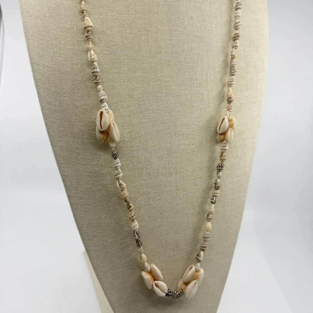 Cream Brown Cowrie Seashell Long Necklace Coastal Boho Beach Statement Gift
